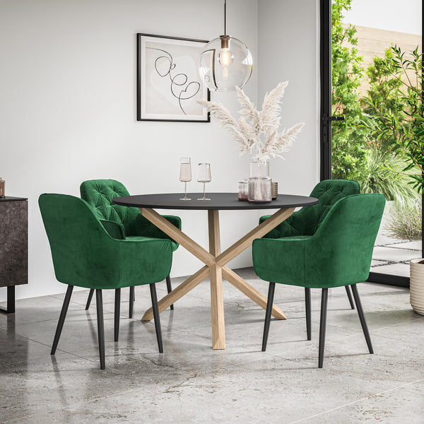 Malvern Round Dining Table And Chairs -  Black Table Top w Solid Oak Legs + Anika Dining Chair Set of 4