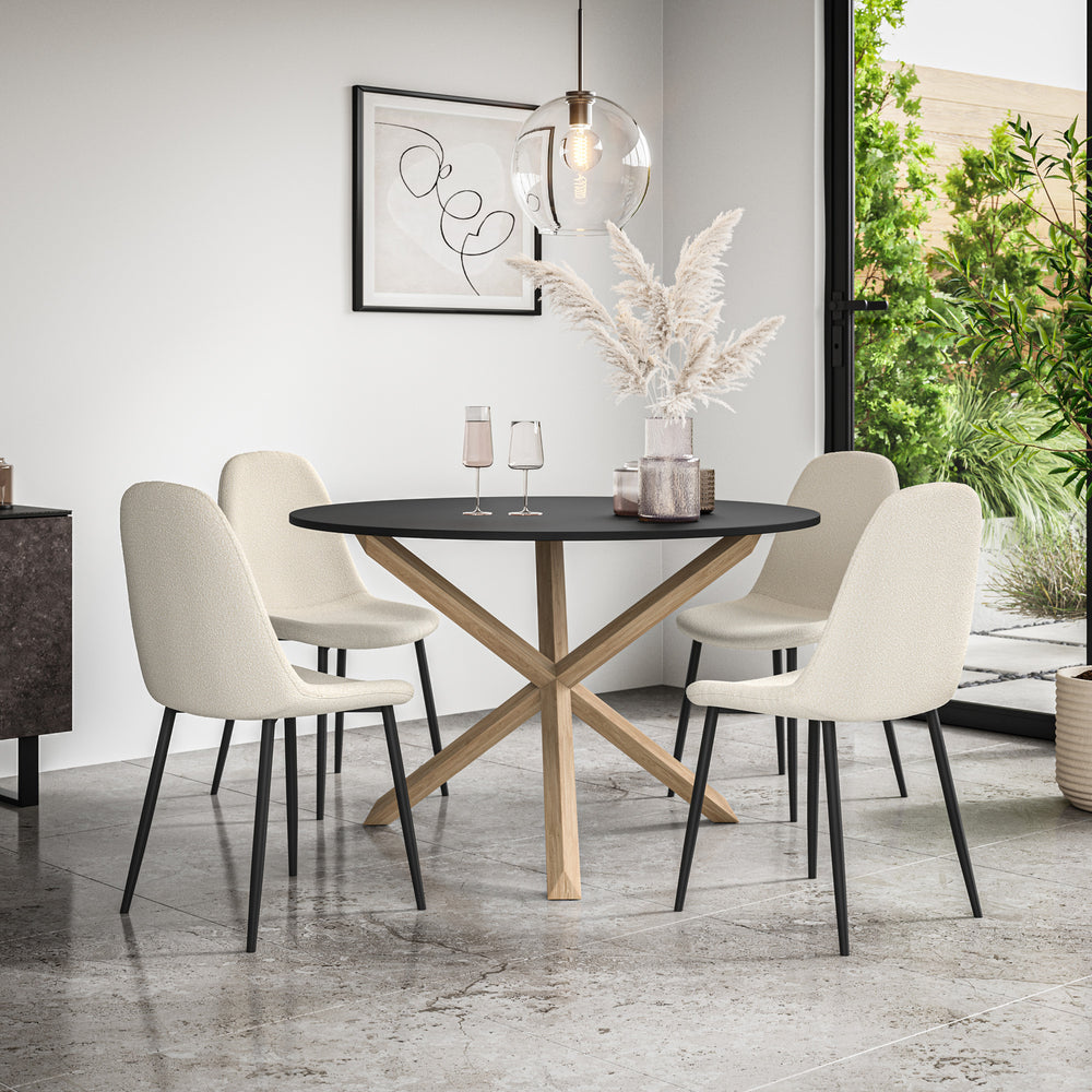 Malvern Round Dining Table And Chairs -  Black Table Top w Solid Oak Legs + Maya Boucle Dining Chair Set of 4/6