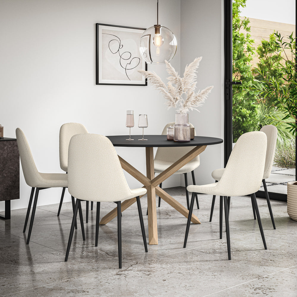 Malvern Round Dining Table And Chairs -  Black Table Top w Solid Oak Legs + Maya Boucle Dining Chair Set of 4/6