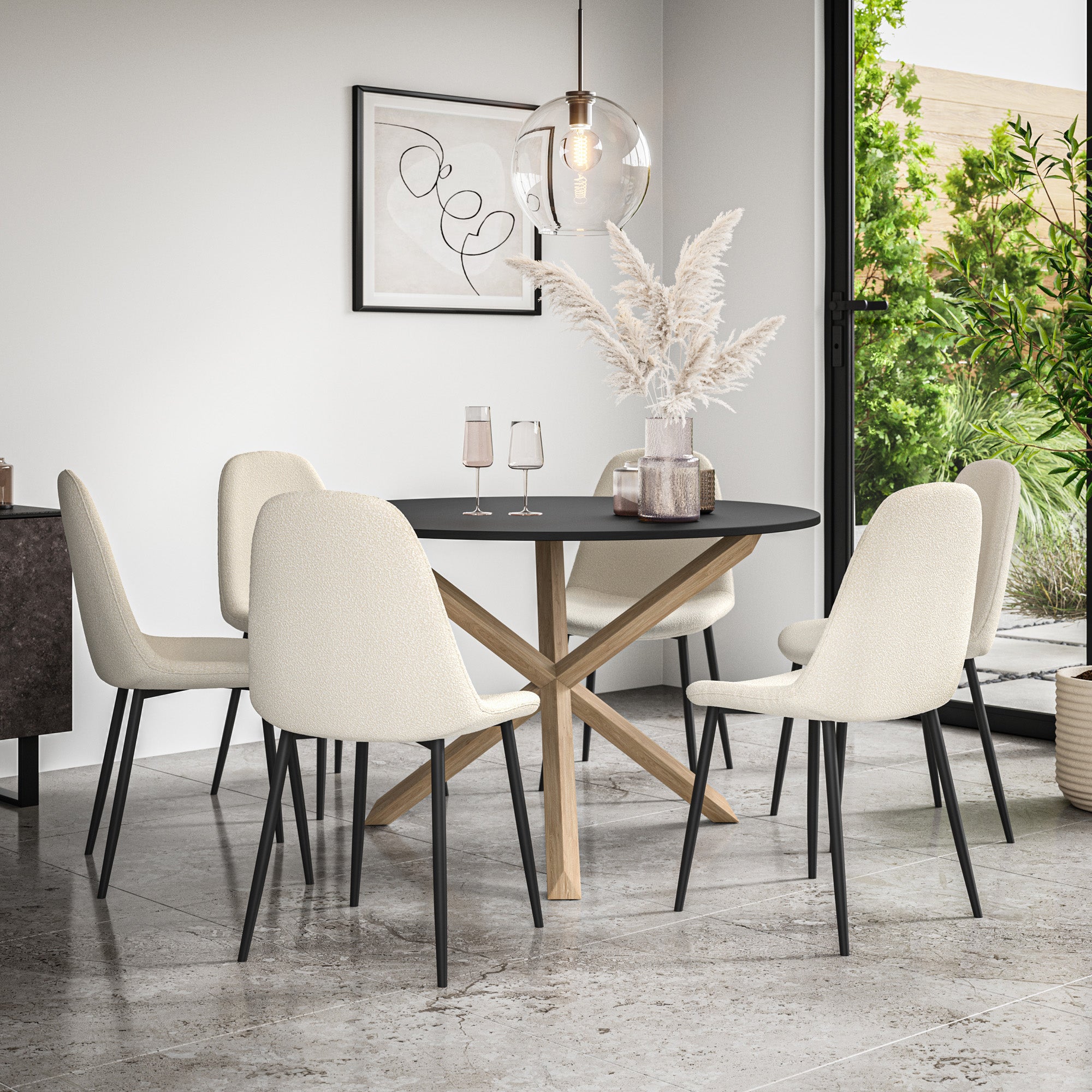Malvern Round Dining Table And Chairs -  Black Table Top w Solid Oak Legs + Maya Boucle Dining Chair Set of 4/6