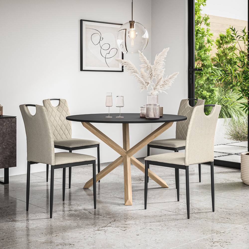 Malvern Round Dining Table And Chairs -  Black Table Top w Solid Oak Legs + Monza Dining Chair Set of 4/6