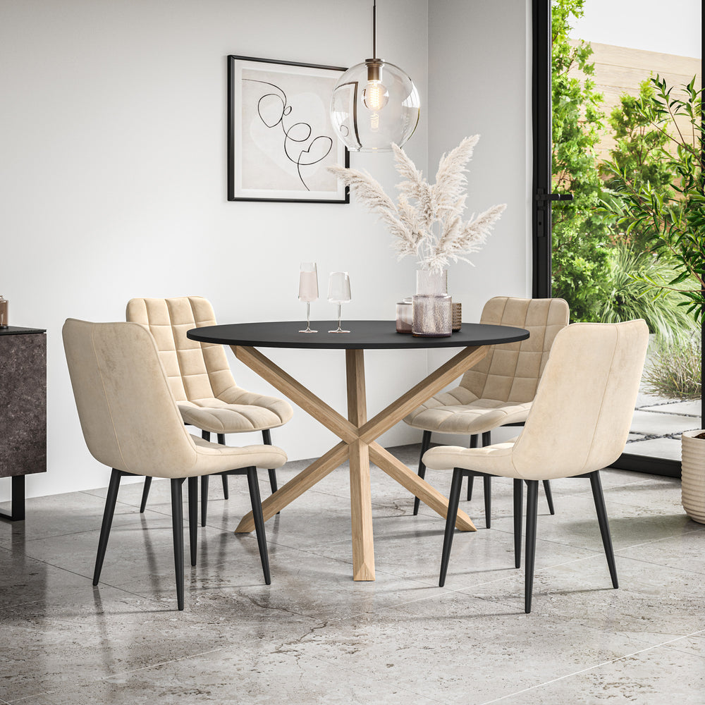 Malvern Round Dining Table And Chairs -  Black Table Top w Solid Oak Legs + Nova Dining Chair Set of 4/6