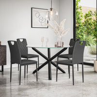 Malvern Round Dining Table And Chairs -  Clear Glass Table Top w Solid Oak Black Legs + Monza Dining Chair Set of 4/6