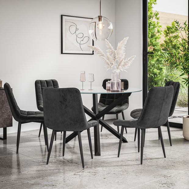 Malvern Round Dining Table And Chairs -  Clear Glass Table Top w Solid Oak Black Legs + Nova Dining Chair Set of 4/6
