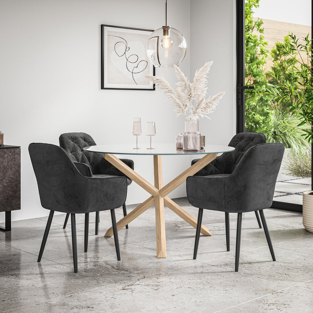 Malvern Round Dining Table And Chairs -  Clear Glass Table Top w Solid Oak Legs + Anika Dining Chair Set of 4