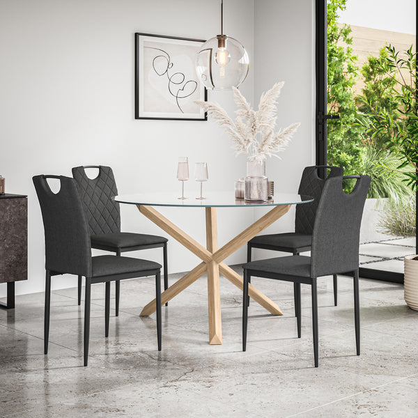 Malvern Round Dining Table And Chairs -  Clear Glass Table Top w Solid Oak Legs + Monza Dining Chair Set of 4/6