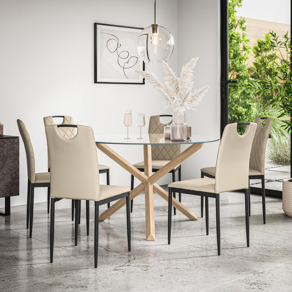 Malvern Round Dining Table And Chairs -  Clear Glass Table Top w Solid Oak Legs + Monza Dining Chair Set of 4/6