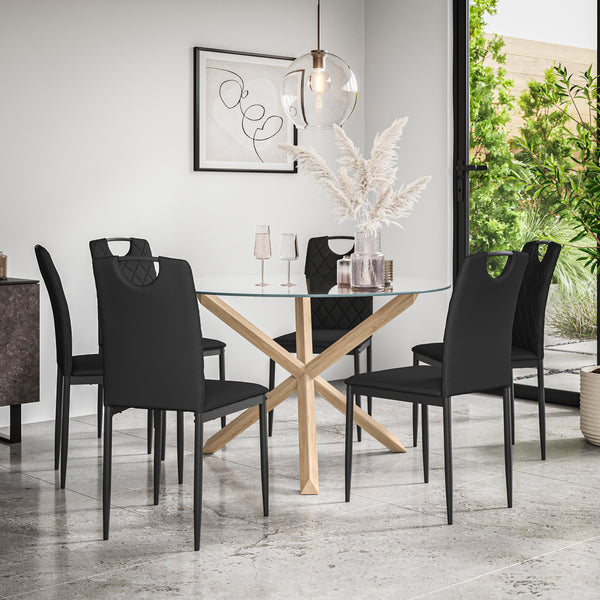 Malvern Round Dining Table And Chairs -  Clear Glass Table Top w Solid Oak Legs + Monza Dining Chair Set of 4/6