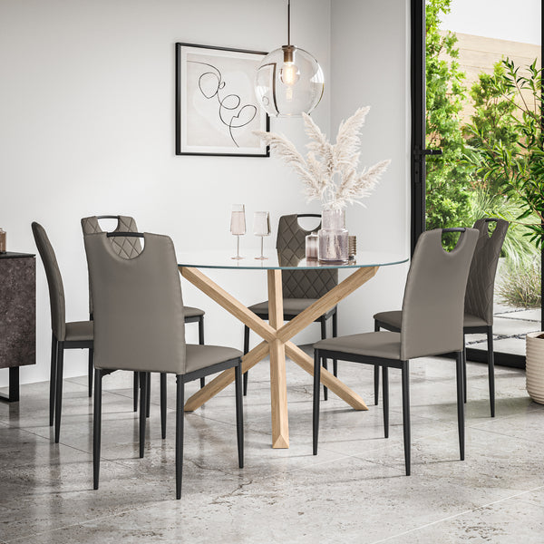 Malvern Round Dining Table And Chairs -  Clear Glass Table Top w Solid Oak Legs + Monza Dining Chair Set of 4/6