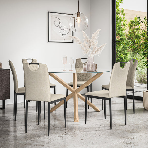 Malvern Round Dining Table And Chairs -  Clear Glass Table Top w Solid Oak Legs + Monza Dining Chair Set of 4/6