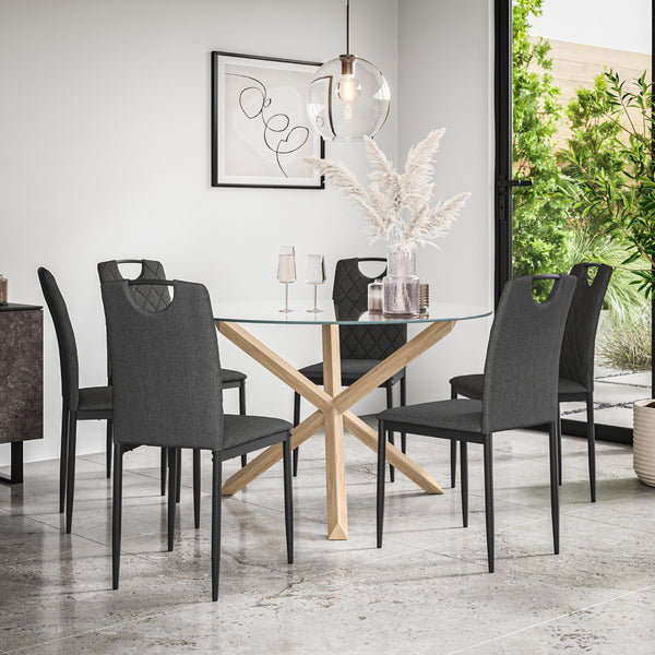 Malvern Round Dining Table And Chairs -  Clear Glass Table Top w Solid Oak Legs + Monza Dining Chair Set of 4/6