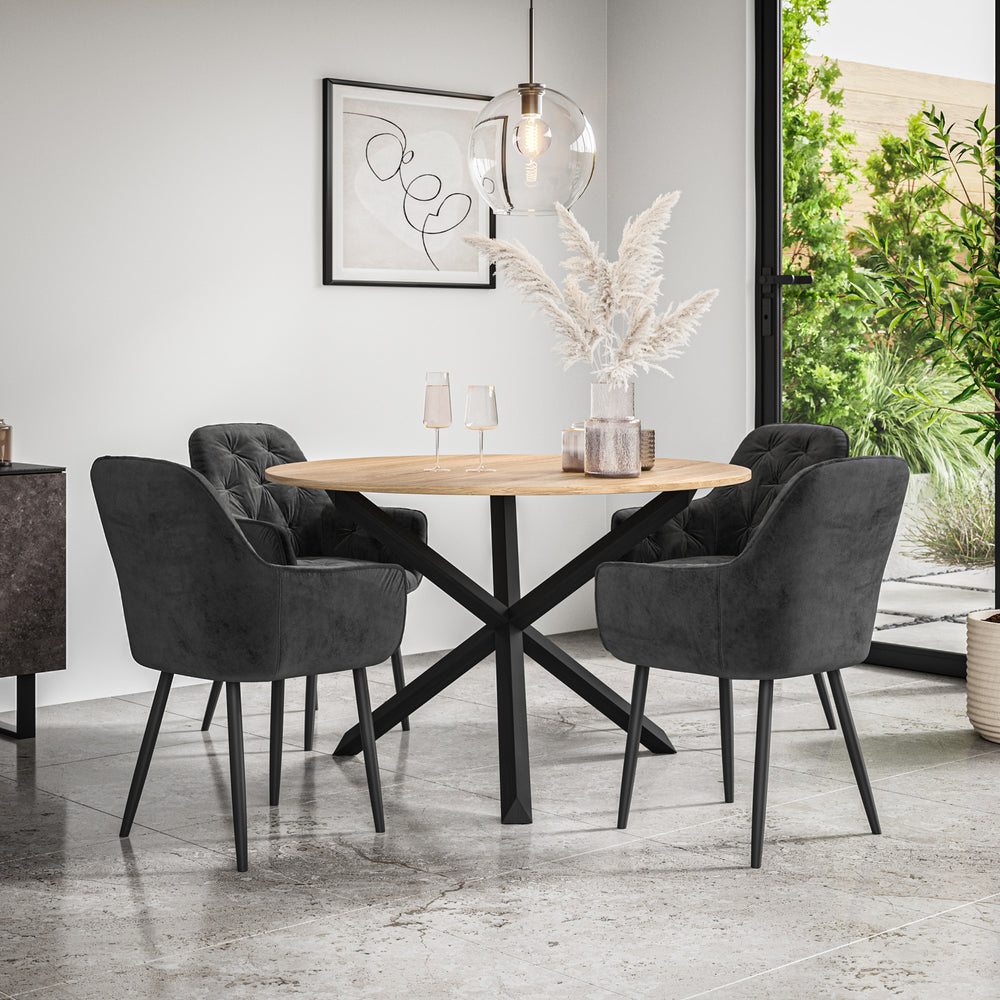 Malvern Round Dining Table And Chairs -  Oak Table Top w Solid Oak Black Legs + Anika Dining Chair Set of 4