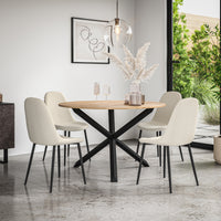 Malvern Round Dining Table And Chairs -  Oak Table Top w Solid Oak Black Legs + Maya Boucle Dining Chair Set of 4/6