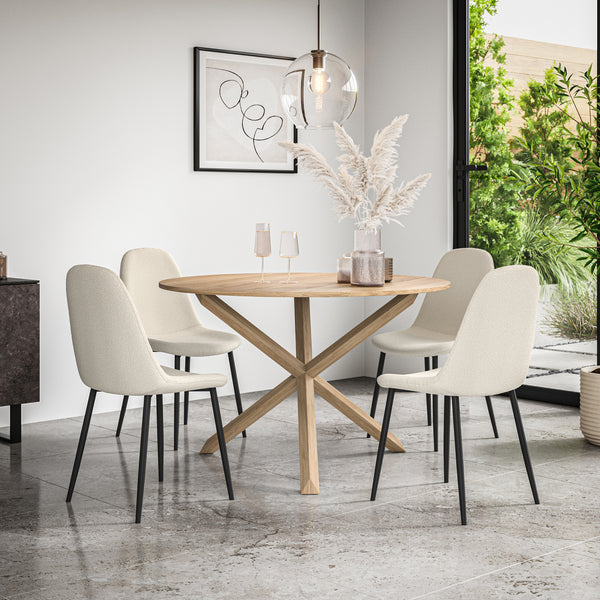 Malvern Round Dining Table And Chairs -  Oak Table Top w Solid Oak Legs + Maya Boucle Dining Chair Set of 4/6