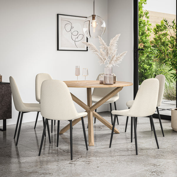 Malvern Round Dining Table And Chairs -  Oak Table Top w Solid Oak Legs + Maya Boucle Dining Chair Set of 4/6