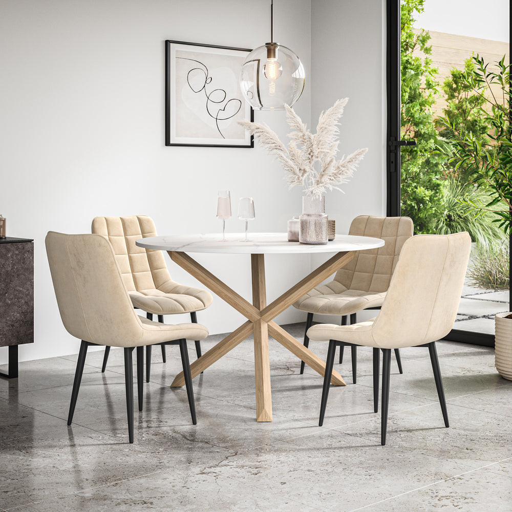 Malvern Round Dining Table And Chairs -  Marble Table Top w Solid Oak Legs + Nova Dining Chair Set of 4/6