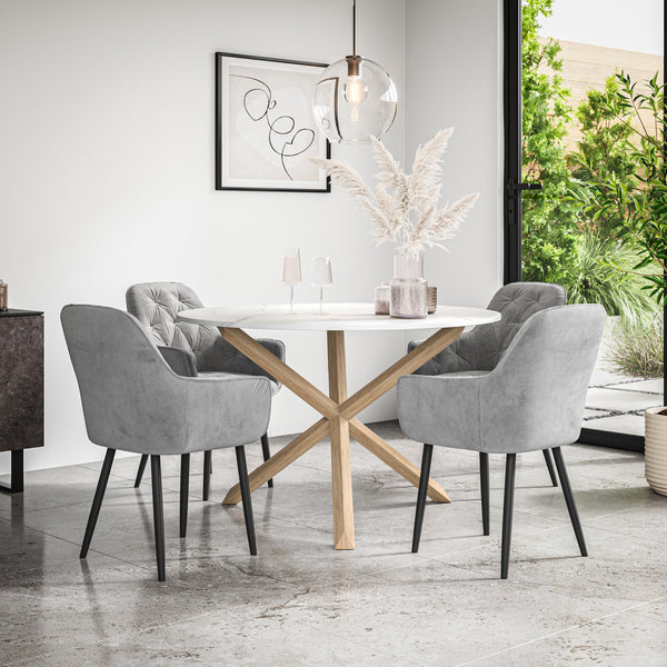 Malvern Round Dining Table And Chairs -  Marble Table Top w Solid Oak Legs + Anika Dining Chair Set of 4