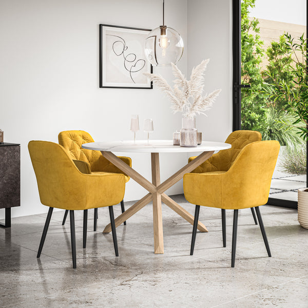 Malvern Round Dining Table And Chairs -  Marble Table Top w Solid Oak Legs + Anika Dining Chair Set of 4