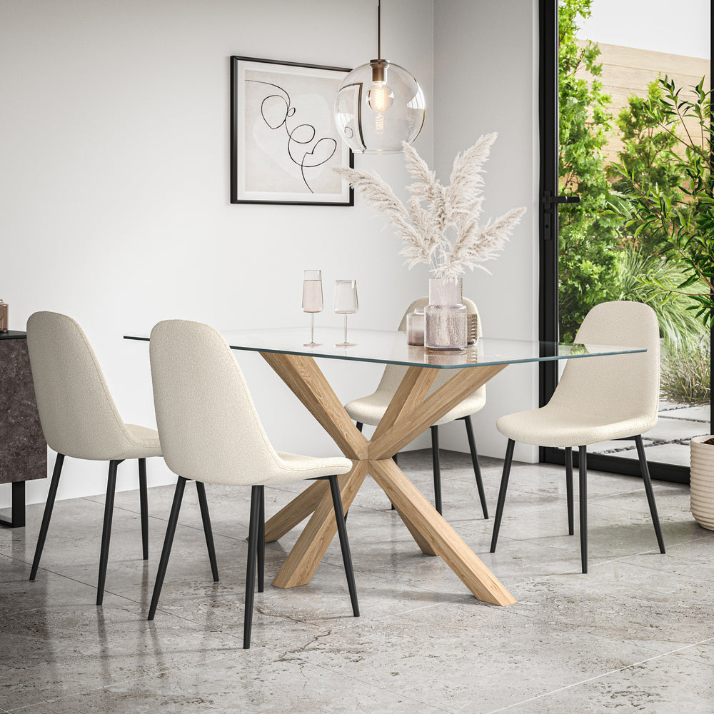 Etta Glass Dining Table And Chairs - Glass Top w Solid Oak Legs + Maya Boucle Dining Chair Set of 4/6