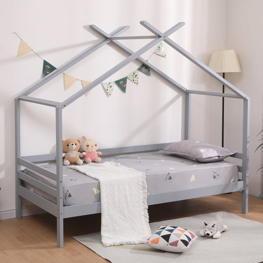 Teddy Kids Wooden House Treehouse Single Bed Frame in Grey