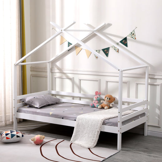 Teddy Kids Wooden House Treehouse Single Bed Frame in White