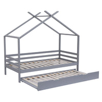 Teddy Kids Wooden House Treehouse Single Bed Frame with Guest Trundle in Grey