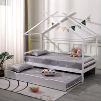 Teddy Kids Wooden House Treehouse Single Bed Frame with Guest Trundle in White