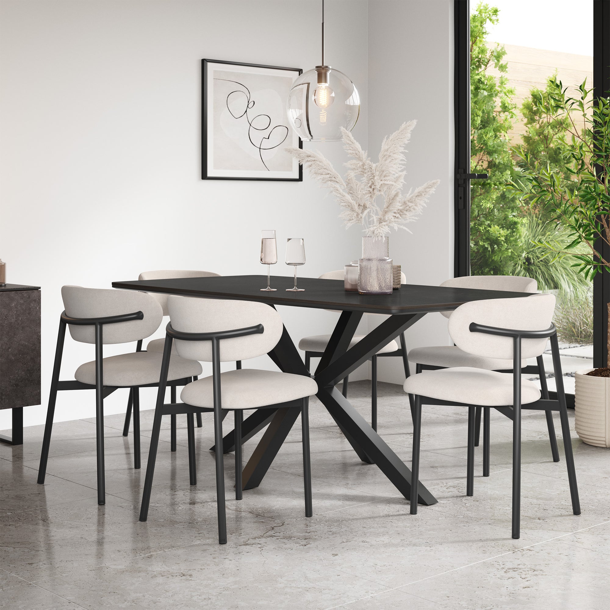 Juno Concrete Tabletop W Black Legs + Myla Linen Dining Chair Set
