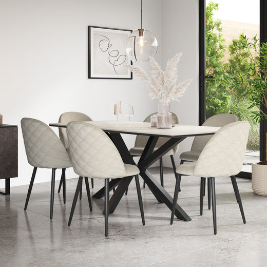 Juno White Marble Tabletop W Black Legs + Raye Velvet Dining Chair Set