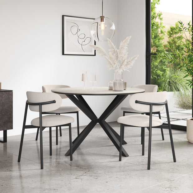 Calne White Marble Tabletop W Black Legs + Myla Linen Dining Chair Set