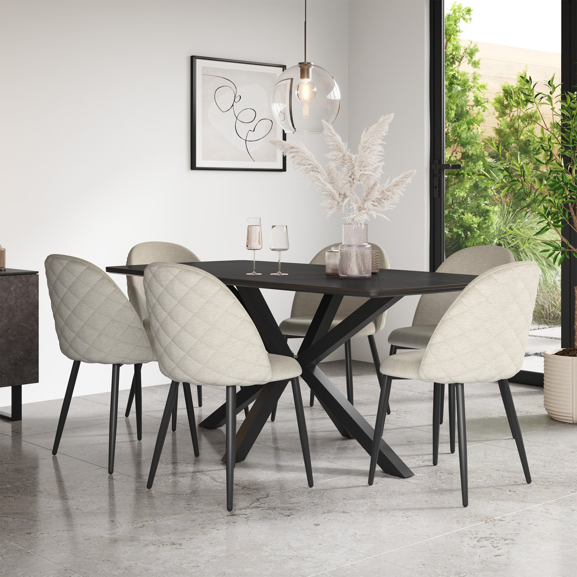 Juno Concrete Tabletop W Black Legs + Raye Velvet Dining Chair Set