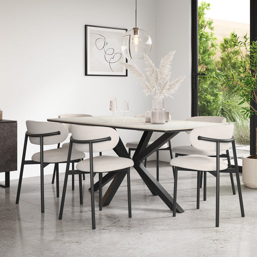 Juno White Marble Tabletop W Black Legs + Myla Linen Dining Chair Set