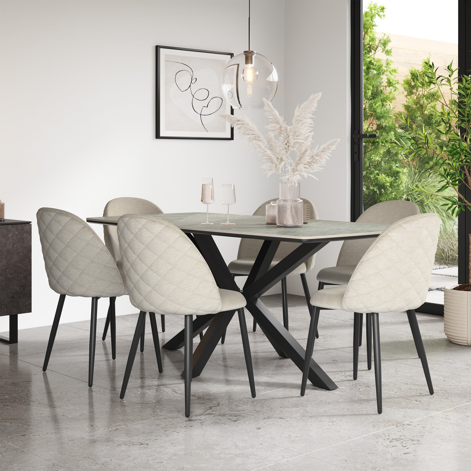 Juno Light Grey Tabletop W Black Legs + Raye Velvet Dining Chair Set