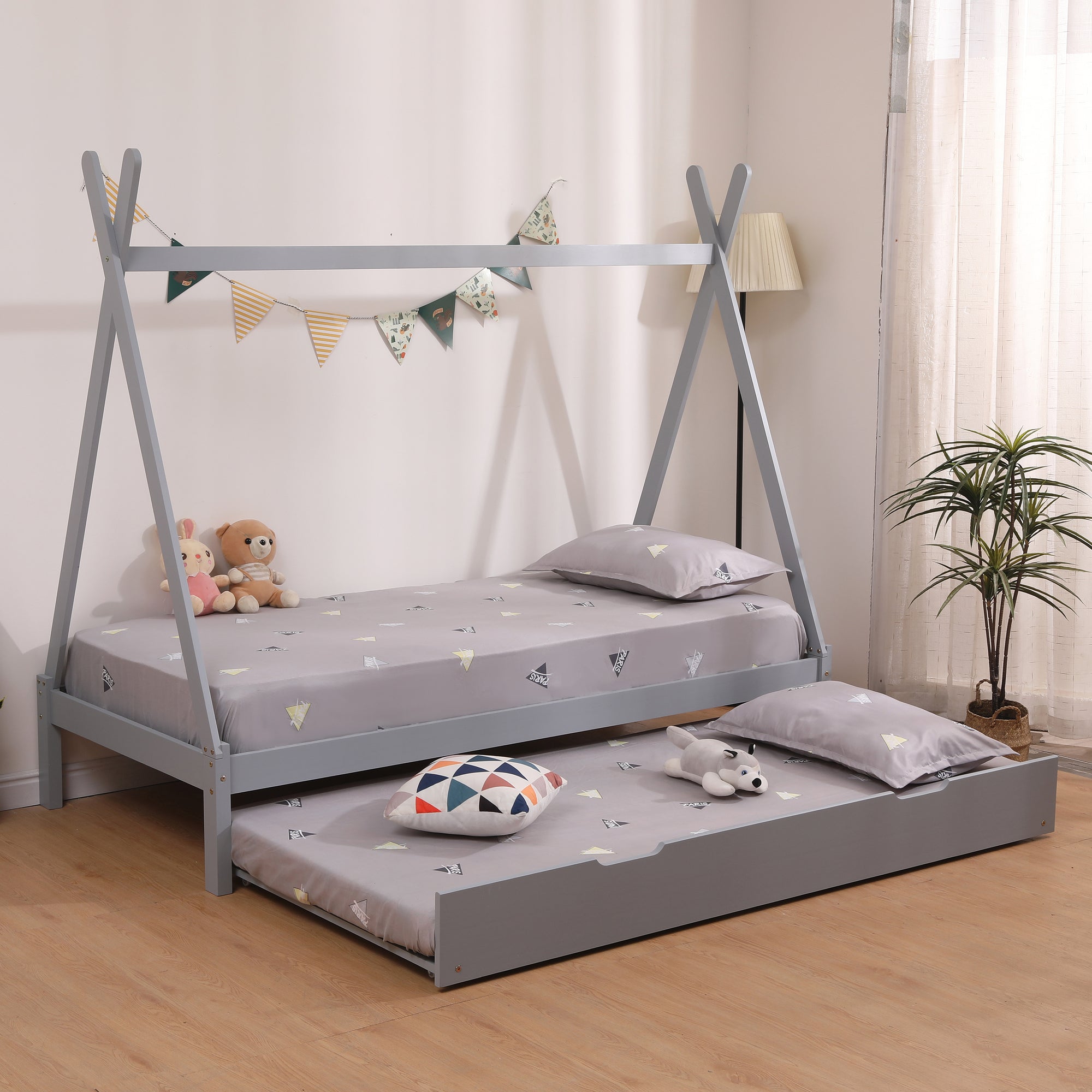 Harry Kids Wooden Teepee Tent Single Bed Frame with Guest Trundle in Grey