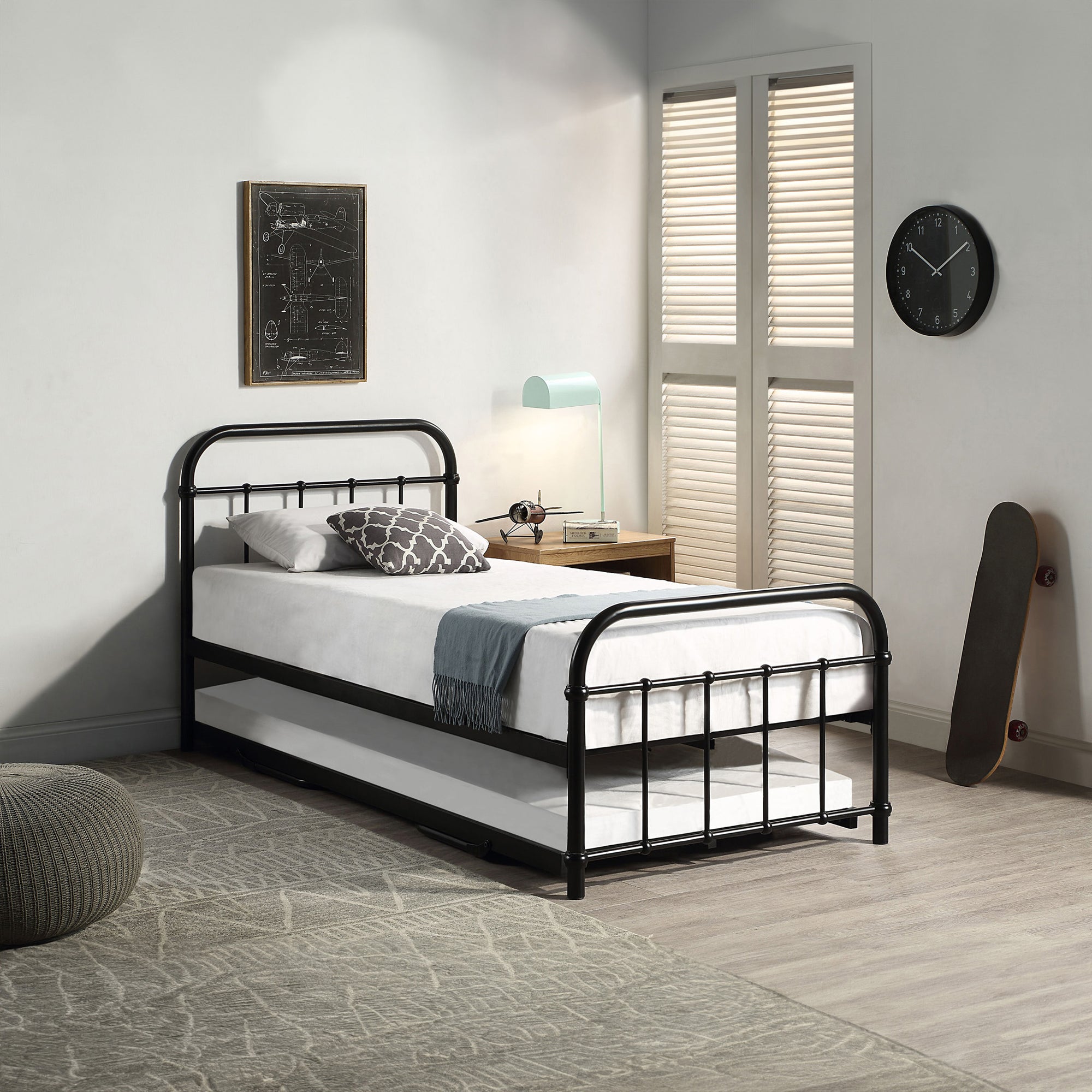 Tewin Vintage Hospital Style Black Metal Single Bed Frame with Guest Trundle