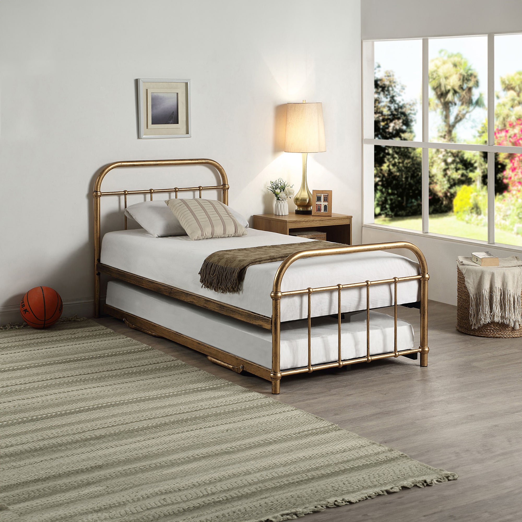 Tewin Vintage Hospital Style Antique Brass Metal Single Bed Frame with Guest Trundle