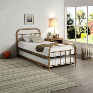 Tewin Vintage Hospital Style Antique Brass Metal Single Bed Frame with Guest Trundle