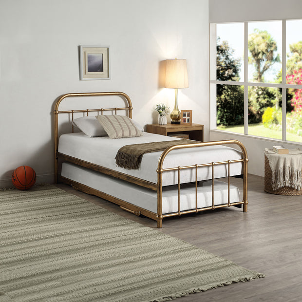 Tewin Vintage Hospital Style Antique Brass Metal Single Bed Frame with Guest Trundle