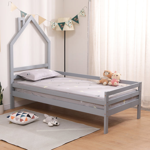 Theo Kids Wooden House Style Single Bed Frame in Grey