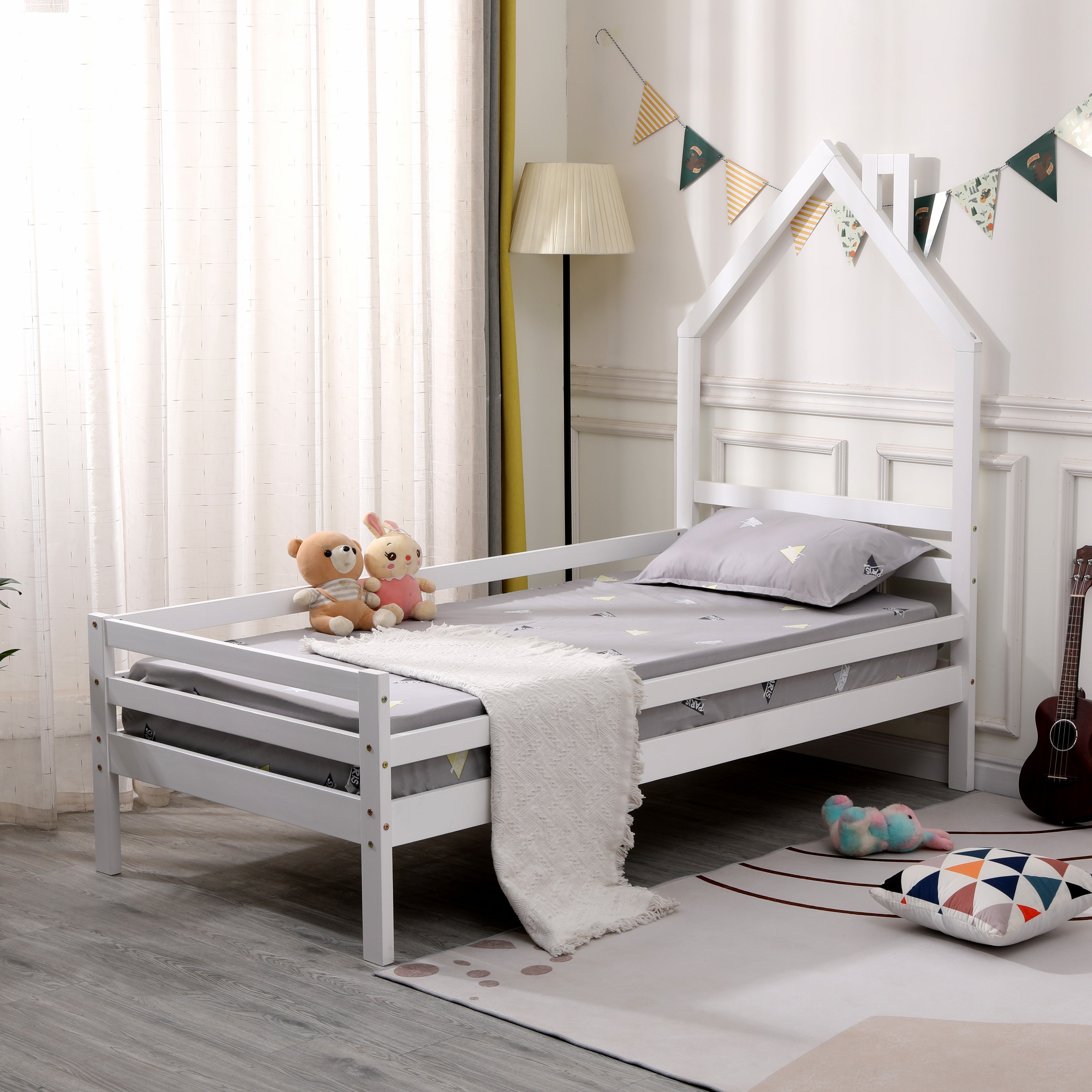 Theo Kids Wooden House Style Single Bed Frame in White – Furniture Online